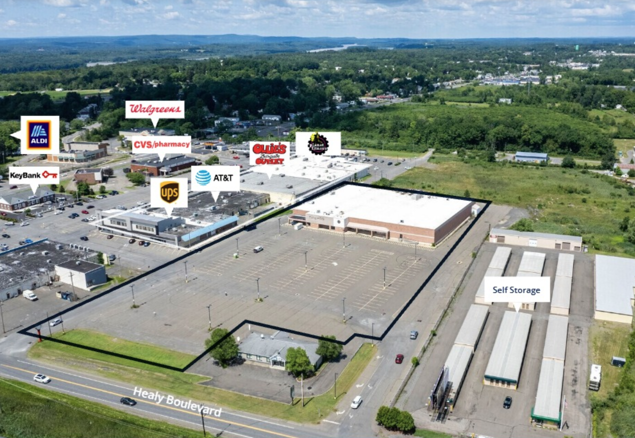 Aerial view of 70 Healy Boulevard with surrounding retailers labeled